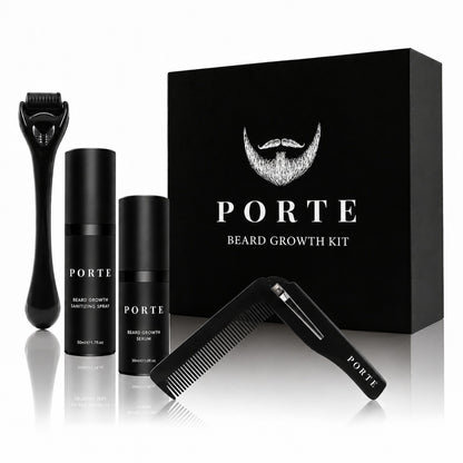 PORTE™ Kit Barba completo: sérum, sanitizador, dermaroller y peine