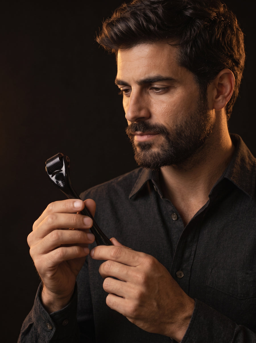 PORTE™ Kit Barba, paso 2: pasar el dermaroller suavemente por la barba